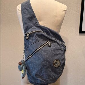 Vintage Kipling Denim Blue Sling crossbody Bag with Monkey Charm